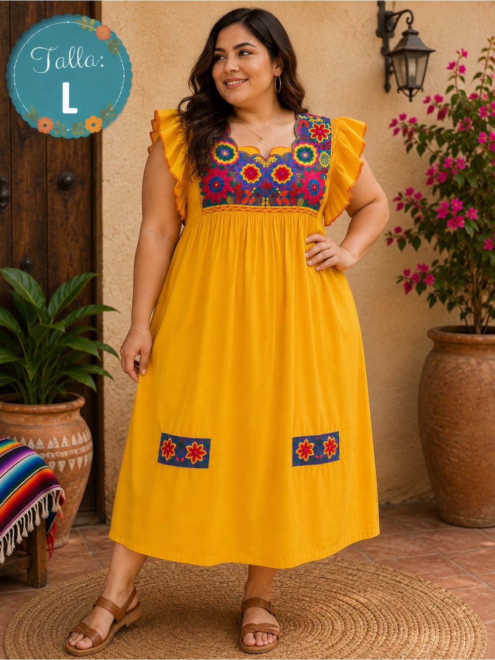MEXICAN Mustard Yellow Embroidered Midi Dress